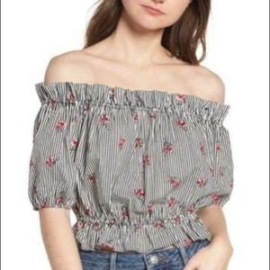 Soprano Woman's Black White Cropped Off Shoulder Stripe Floral Blouse Size Small